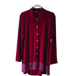 Dennis Basso Burgundy Button-Down Italian Knit Cardigan with Patterned Hem Sz M